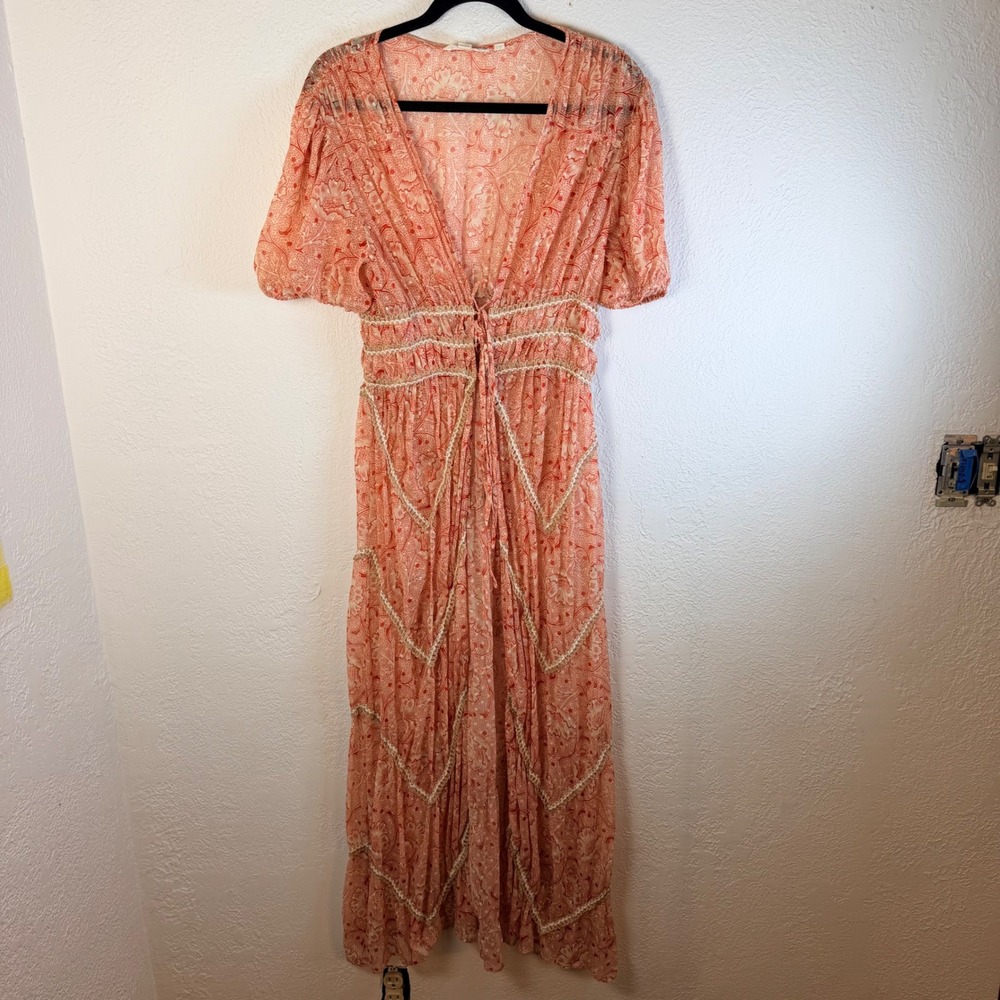 Forever That Girl Womens M Coral Paisley Lace Trim Long Duster Boho Country